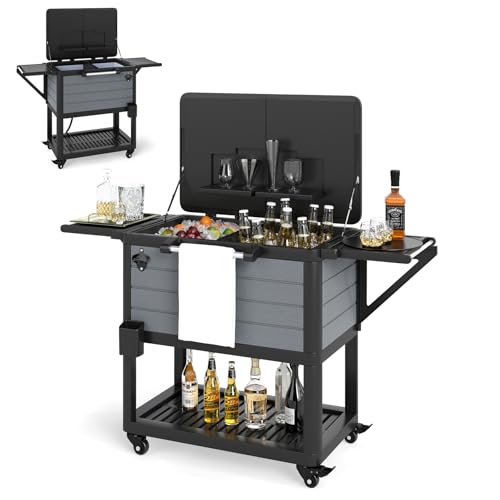 SOARS Kühlbox mit Rollen, 91 l, mobile Außenbar 83 x 50 x 85 cm, mit herausnehmbarem Trenner, 2 ausklappbaren Seitenablagen, 4 Universalrollen, für Garten, Terrasse, Pool von SOARS