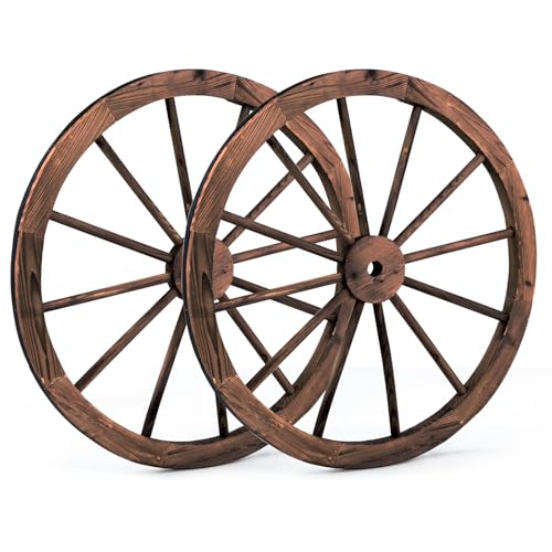 SOARS Wagenrad Holz 2er Set, Wanddekoration Ø 76 cm mit Eisenblech, Holzrad Hängende Räder rustikales Kutschenrad zur Dekoration für Garten & Bar, Braun von SOARS