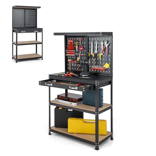 SOARS Werkstattwerkstatt Garage 81 x 41 x 155 cm, Werkzeugaufbewahrung aus Metall in 2 perforierten Paneelen, mit Set mit 14 Haken, Schublade & 2 Regalen, für Garage, Werkstatt (rot + schwarz, 81 x 41 von SOARS