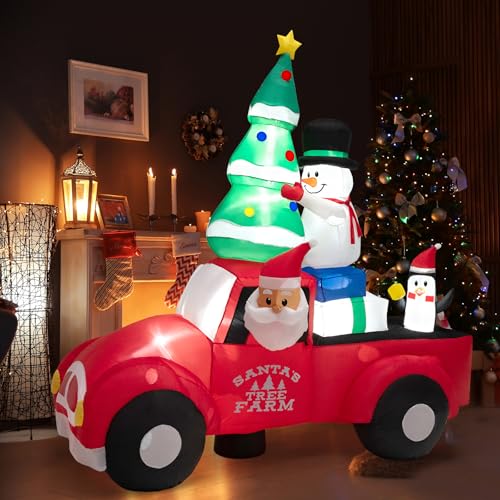 SOARS aufblasbarer Weihnachtsmann auf Auto, Weihnachtsdeko mit Schneemann, Pinguin, Weihnachtsbaum, Winterdekoration mit LED und Gebläse, für drinnen & draußen von SOARS