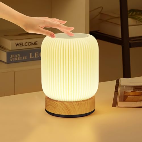 SOBEAU LED Nachttischlampe Touch Dimmbar,256 RGB Farbwechsel & 4 Modi,LED Tischlampe Kabellos,Nachtlicht Kinder USB Aufladbar mit Timing,Holzmaserung Tischlampe für Schlafzimmer Wohnzimme von SOBEAU