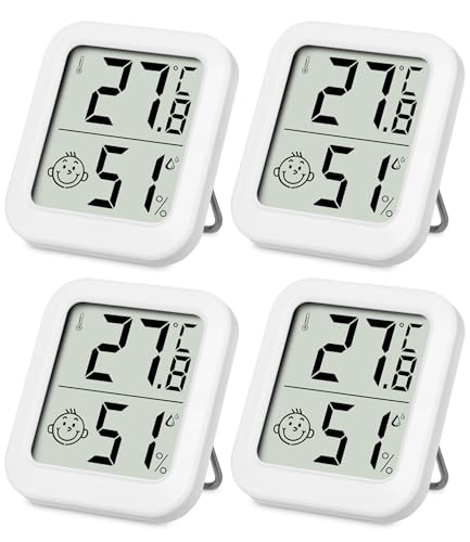 SOBEAU Mini Thermo-Hygrometer Thermometer innen Raumthermometer 4 Stück und luftfeuchtigkeitsmesser, Digitales Innen Hygrometer mit Smiley-Indikator für Babyzimmer Wohnzimmer Büro Gewächshaus(Weiß) von SOBEAU