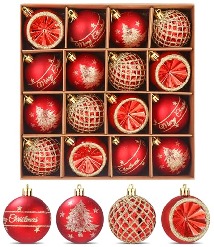 Weihnachtskugeln Kunststoff Rot Gold Weihnachtsbaumschmuck,Weihnachtsdeko,16 Stück Weihnachtsbaumkugeln,Christbaumschmuck Rot,An Einem Weihnachtsbaum Hängen von SOBEAU