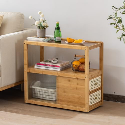 SOBIBO Bambus Beistelltisch Nachttisch mit Rattan-Schublade & Glasplatte - Multifunktionaler Beistelltisch, Nachttische mit Stauraum für Schlafzimmer, Wohnzimmer und kleine Räume, Natur von SOBIBO
