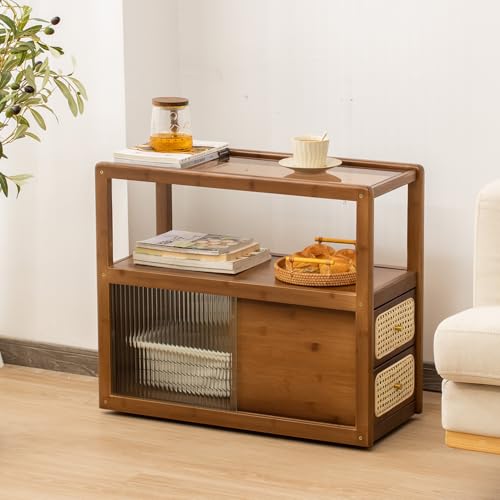 SOBIBO Bambus Beistelltisch Nachttisch mit Rattan-Schublade & Glasplatte - Multifunktionaler Beistelltisch, Nachttische mit Stauraum für Schlafzimmer, Wohnzimmer und kleine Räume, Walnuss von SOBIBO