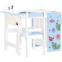 2 Stück Kindertisch und Stuhl Set mit Aufklebern diy Kinderschreibtisch mit 3 Stifthaltern Blau und Weiß KMB60-B - Sobuy von SOBUY