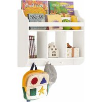 KMB46-W Kinderregal Bücherregal für Kinder Wandregal Hängeregal Wandgarderobe mit 3 Haken Aufbewahrungsregal mit Ablagen für Bücher und Deko weiß bht von SOBUY