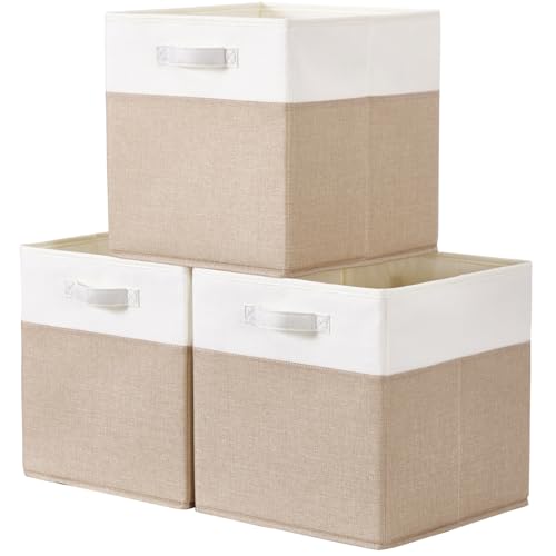 SOCOHOME Aufbewahrungsbox Stoff,33x38x33cm Korb,Flache Stoff-Aufbewahrungskörbe für Kallax Kleiderkörbe,Truhen,Spielzeug,Regal(Helles Khaki/Weiß, 3 Pack) von SOCOHOME