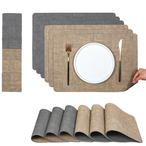 SOCOHOME Tischsets Abwaschbar Leder und Untersetzer,6er Set Doppelseitigen Rutschfestes hitzebeständiges platzset Untersetzer(Grau/Beige, Rechteckig) von SOCOHOME