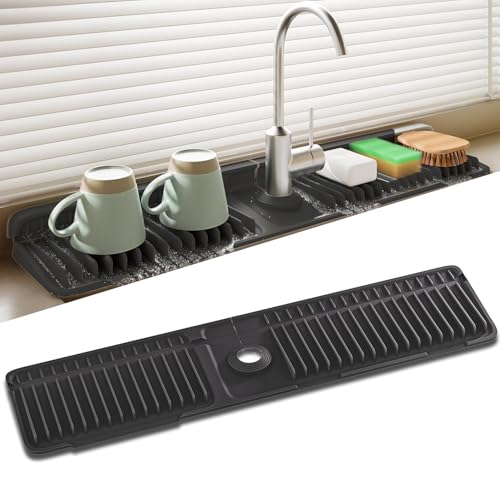 Wasserhahnmatte für Küchenspüle, 2025 neue faltbare Silikon-Wasserhahn-Matte 61 x 12,7 cm, Spülbecken-Schwammhalter für Küche, Badezimmer (schwarz, 61 x 14,2 cm) von SOCORIA