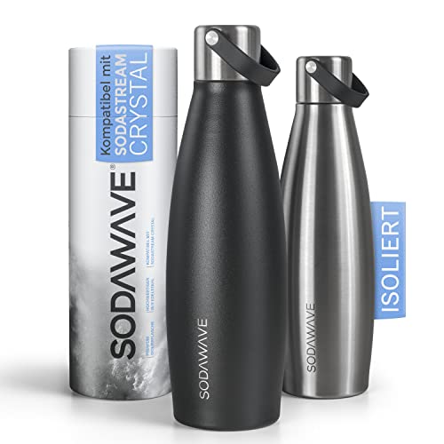 SODAWAVE® Trinkflasche Edelstahl [620ml] kompatibel mit SodaStream Crystal I Doppelwandige Thermo Edelstahl Trinkflasche I 100% auslaufsichere Flasche ideal für unterwegs (Schwarz) von SODAWAVE