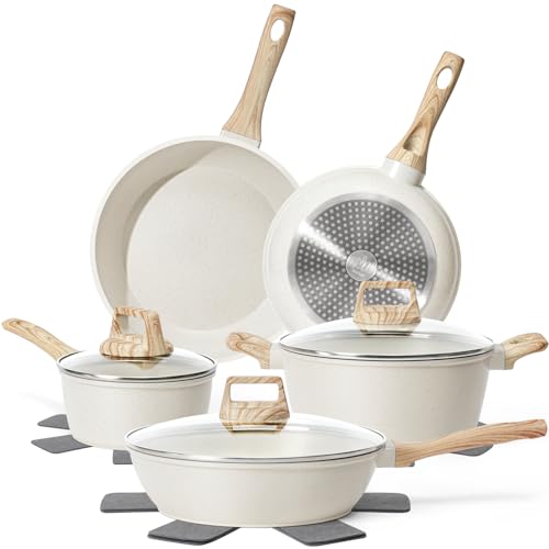 SODAY Töpfe und Pfannen Set, Antihaft-Küchen-Kochgeschirr-Sets, 12-teiliges Induktionskochgeschirr, Granit-Kochset mit PFOS- und PFOA-freien Bratpfannen, Silikon-Schaufel, Löffel und Zange (weiß) von SODAY