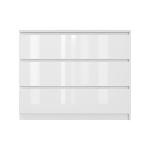 SoDREAMER Kommode mit 3 Schubladen 90 cm | Weiß - glänzende Vorderseite Ideal für Schlafzimmer, Wohnzimmer, Kinderzimmer und Büro | Geräumige Kommode| Modernes Design | 90x75x40 cm von SoDREAMER