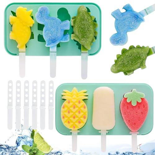 Eisformen Eis am Stiel, 2 Stück Silikon Eis am Stiel Eiscreme Cakesicle Formen, Kinder DIY Eisform mit Stiel BPA Frei Wiederverwendbar, Kreative Hausgemachte Dinosaurier Früchte Form (B) von SOETDERT