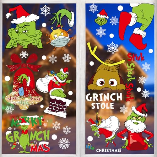 Grinch Fensterbilder Weihnachten, 9 Blatt Doppelseitige Grinch Deko Weihnachts Schneeflocken Aufkleber, PVC Cartoon Weihnachts Fensterdekorationen Home Schule Büro Partyzubehör, 20x30cm (B) von SOETDERT