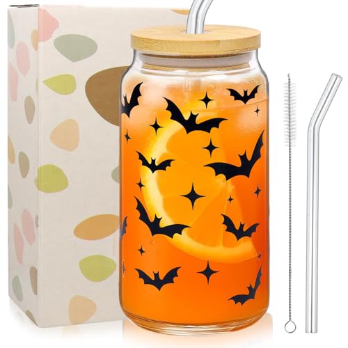 Halloween Gläser, 500ml Trinkbecher mit Deckel und Strohhalm, Fledermaus Muster Eiskaffeetasse, Helloween Glas, Kaffee Glasbecher Glas Tasse Halloween Frauen Geschenke Freunde Halloween Gläser, 500ml Trinkbecher mit Deckel und Strohhalm, Fledermaus Muster Eiskaffeetasse, Helloween Glas, Kaffee Glasbecher Glas Tasse Halloween Frauen Geschenke Freunde von SOETDERT