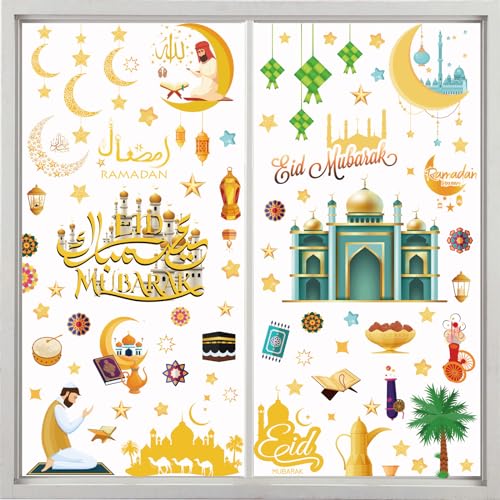 Ramadan Fensteraufkleber, 121 Stück Eid Mubarak Fensterbilder Set, Muslim Fenstersticker Ramadan Dekoration, Eid Mubarak Stern Halbmond Fenster Aufkleber Kinder Zimmer Party Deko (B) von SOETDERT