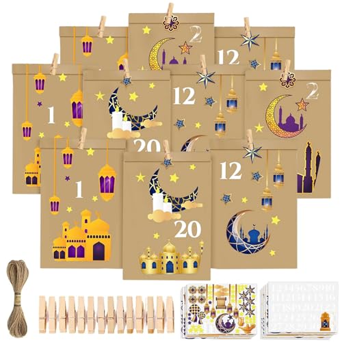 SOETDERT 30pcs Eid Mubarak Tüten, Ramadan Kalender zum Befüllen, DIY Ramadan Mubarak Adventskalender Kraftpapiertüten mit Kalender Sticker, Clips, Hanfseil, Ramadan Dekoration für Mitgebsel(B) von SOETDERT