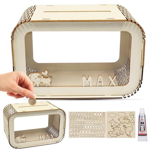 Spardose Kinder, Spardose Personalisiert, Spardose Holz, Sparschwein Jungen Mädchen Sparbox mit Namen, DIY Acryl Sparbüchse mit Personalisierten Buchstaben A-Z Alphabet Geschenk Dekoration von SOETDERT