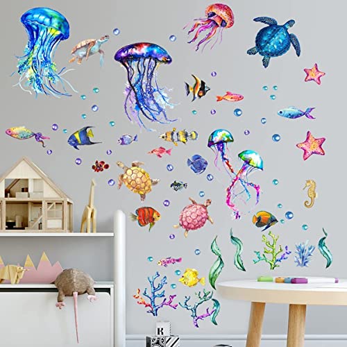 Unter Meer Wandtattoo, Unter dem Meer Fisch Qualle Wandaufkleber, Ozean Wandsticker, Abnehmbar DIY Wandbild für Kinder Kinderzimmer Schlafzimmer Badezimmer Wanddeko (B) von SOEWIOU