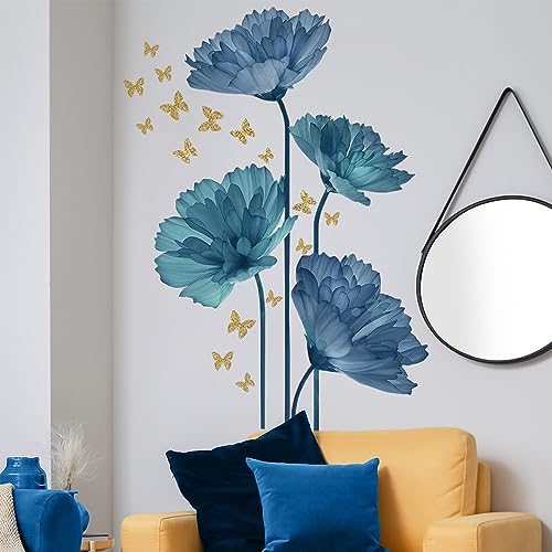 Wandaufkleber Blumen, Blaue Blumen Und Goldene Schmetterlinge Wandaufkleber Mohnpflanze Wandaufkleber Wohnzimmer Schlafzimmer Badezimmer Wanddekoration (Gold) von SOEWIOU