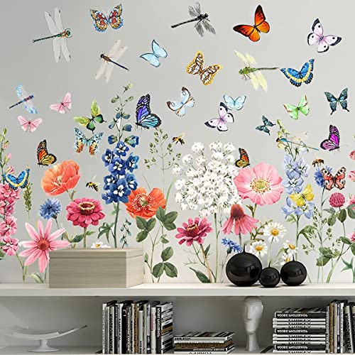 Wandtattoo Garten Blumen Wandaufkleber, Vögel Schmetterlinge Blume Wandsticker, DIY Wandaufkleber, Babyzimmer Kinderzimmer Schlafzimmer Wanddeko (Color) von SOEWIOU