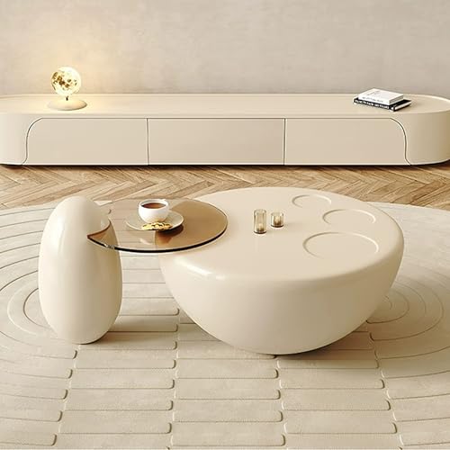 Couchtisch 2er Set Rund, Moderner Couchtisch Aus Der Mitte des Jahrhunderts Mit Großer Tischplatte Und Abgerundetem Eckdesign, Beistelltisch-Set Für Kleine Räume, Büro Und Balkon(Off-White) von SOFACHEN