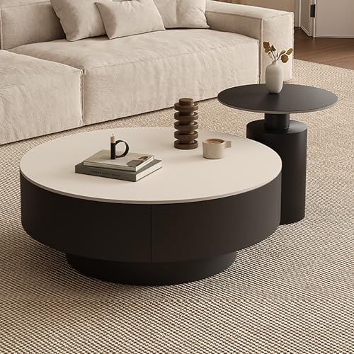 Couchtisch 2er Set Rund, wohnzimmer tisch für couch mit 2 Schubladen aus Massivholz, verdickte 12 mm Steinplatte, Nested Beistelltisch mit Schublade für Schlafzimmer, Home Office(Black+black,70cm) von SOFACHEN
