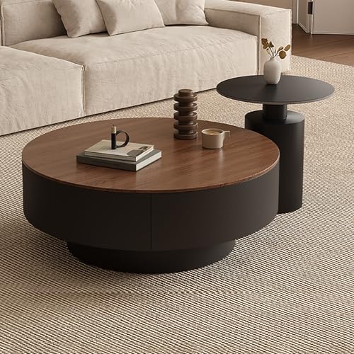 Couchtisch 2er Set Rund, wohnzimmer tisch für couch mit 2 Schubladen aus Massivholz, verdickte 12 mm Steinplatte, Nested Beistelltisch mit Schublade für Schlafzimmer, Home Office(Brown+black,70cm) von SOFACHEN
