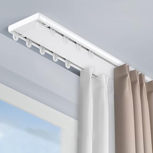 Doppelreihige Deckenvorhangschiene, Hochleistungs-Vorhangschienen mit eingebautem Schalldämpfer, geräuschloses Gleit-Doppelschienensystem für Vorhänge, Raumteiler im Wohnzimmer und Schlafzimmer(White, von SOFACHEN