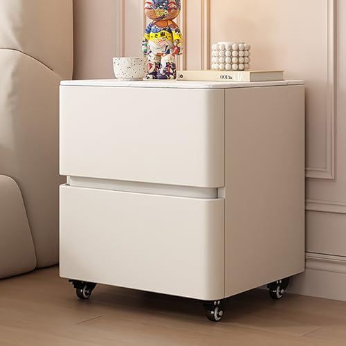 Massivholz Nachttisch Beistelltisch, Nachtschrank Nachtkonsole, Kommode Nachtkasten mit 2 Schubladen und Unsichtbarer Griff, 360° bewegliche Rolle, für Schlafzimmer, Wohnzimmer(Off-white,70cm) von SOFACHEN