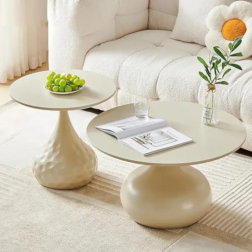 SOFACHEN 2er Set Couchtisch Rund, moderner Beistelltisch mit abgerundeten Ecken und Antirutschmatten, einzeln oder kombiniert aufstellbar, Mitteltische für Wohnzimmer, Balkon und Büro(White) von SOFACHEN