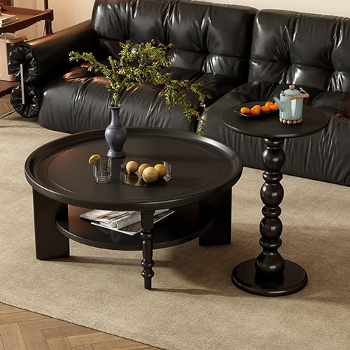 SOFACHEN 2er Set Couchtisch Rund aus Massivholz, Satztische mit 2-stufigem offenem Stauraum, 360° Gebogene Kante, Moderner Beistelltisc für Wohnzimmer, Schlafzimmer, Balkon(Combination-Black) von SOFACHEN