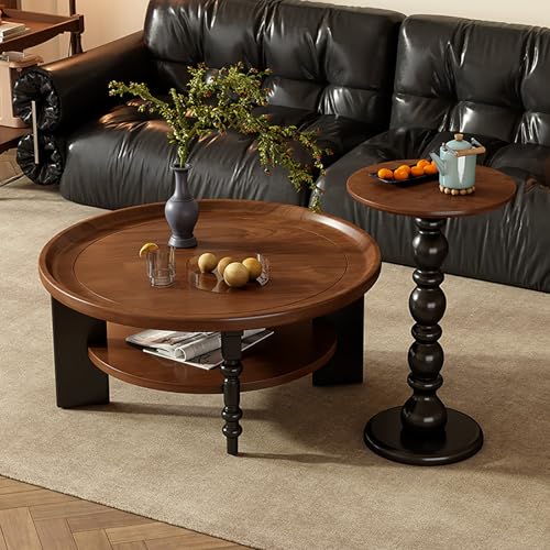 SOFACHEN 2er Set Couchtisch Rund aus Massivholz, Satztische mit 2-stufigem offenem Stauraum, 360° Gebogene Kante, Moderner Beistelltisc für Wohnzimmer, Schlafzimmer, Balkon(Combination-Walnut) von SOFACHEN