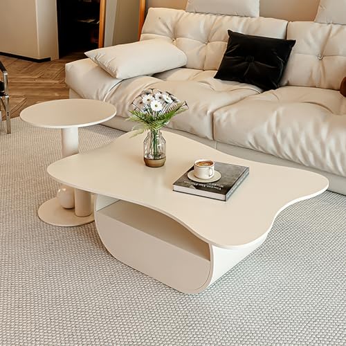 SOFACHEN 2er-Set Couchtische, Mid-Century Modern Beistelltisch-Set mit Massivholzschubladen und offenen Ablagefächern, minimalistische Mitteltische für Wohnzimmer, Büro(Beige,120cm) von SOFACHEN