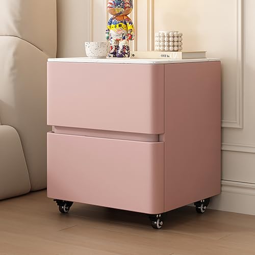 SOFACHEN Massivholz Nachttisch Beistelltisch, Nachtschrank Nachtkonsole, Kommode Nachtkasten mit 2 Schubladen und Unsichtbarer Griff, 360° bewegliche Rolle, für Schlafzimmer, Wohnzimmer(Pink,40cm) von SOFACHEN