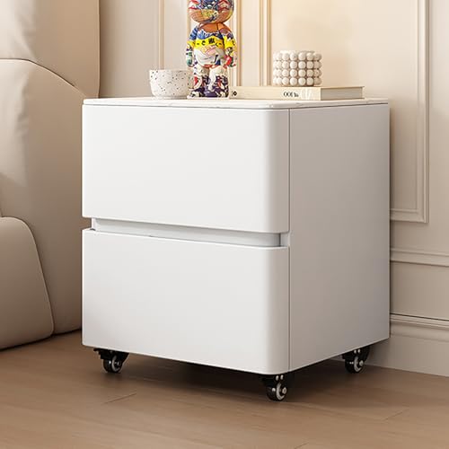 SOFACHEN Massivholz Nachttisch Beistelltisch, Nachtschrank Nachtkonsole, Kommode Nachtkasten mit 2 Schubladen und Unsichtbarer Griff, 360° bewegliche Rolle, für Schlafzimmer, Wohnzimmer(White,50cm) von SOFACHEN