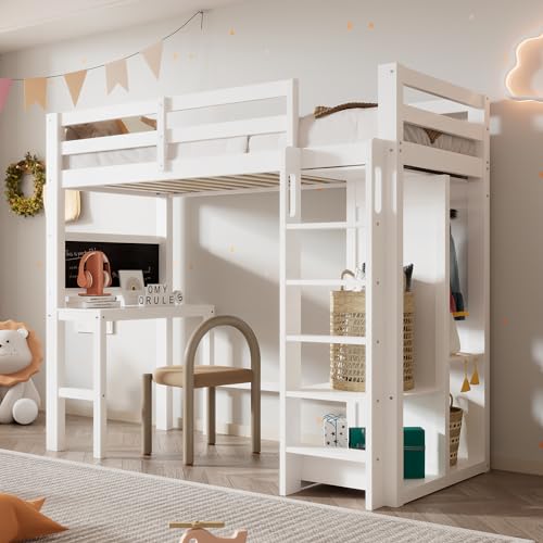 SOFCLOTH Kinderbett 90x200 Einzelbett Hochbett mit Schreibtisch Offener Kleiderschrank Treppe und Regalen Kinderbett mit Lattenrost und Rausfallschutz Weiß von SOFCLOTH