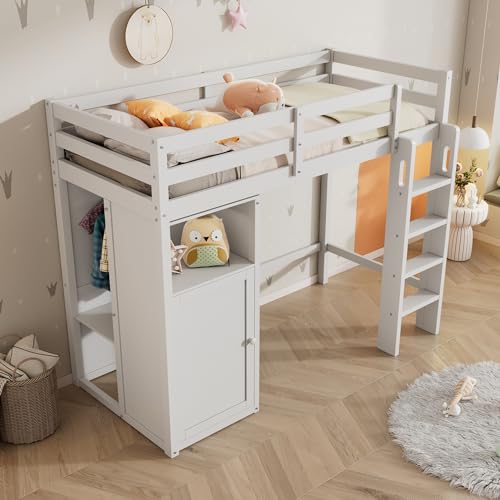 SOFCLOTH Kinderbett 90x200 Hochbett mit Kleiderschrank Treppe und Regalen Kinderbett mit Lattenrost und Rausfallschutz Einzelbett Liegefläche108x206x150cm Weiß von SOFCLOTH