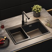 Granitspüle 70 × 45 cm, Granit-Küchenspüle mit Abtropfkorb, Aufsatzspüle, inkl. Siphon, Stöpsel und Überlauf von SOFETIY MAX