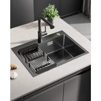 Sofetiy Max Edelstahl Küchenspüle 60 × 45 × 18 cm, Anthrazit, Einzelbecken-Küchenspüle mit Abtropfkorb von SOFETIY MAX