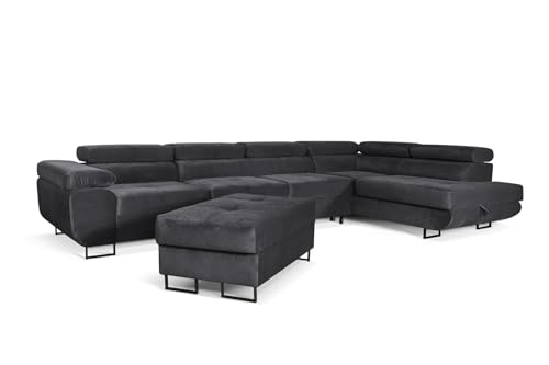 Aller Lang XL Modernes Design Ecksofa mit Schlaffunktion, Bettkasten in Ottomane, Hocker mit Stauraum – Tierfreundlicher Waterproof-Welvet, inkl. 2 runde Kissen, Ottomane rechts. (Dunkelgrau) von SOFILAND