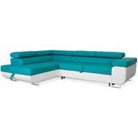 Sofiland - Ecksofa Aller L-form mit Schlaffunktion und Bettkasten, Türkis und Weiß Kunstleder, Links Ottomane. von SOFILAND