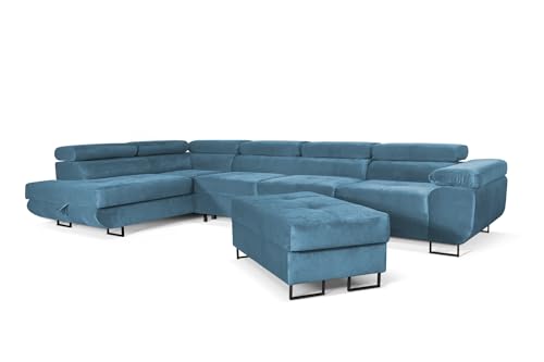 SOFILAND Aller Lang XL Modernes Design Ecksofa mit Schlaffunktion, Bettkasten in Ottomane, Hocker mit Stauraum – Tierfreundlicher Waterproof-Welvet, inkl. 2 runde Kissen, Ottomane Links. (Blau) von SOFILAND