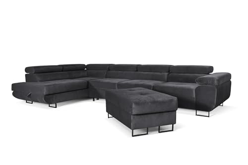 Aller Lang XL Modernes Design Ecksofa mit Schlaffunktion, Bettkasten in Ottomane, Hocker mit Stauraum – Tierfreundlicher Waterproof-Welvet, inkl. 2 runde Kissen, Ottomane Links. (Dunkelgrau) von SOFILAND