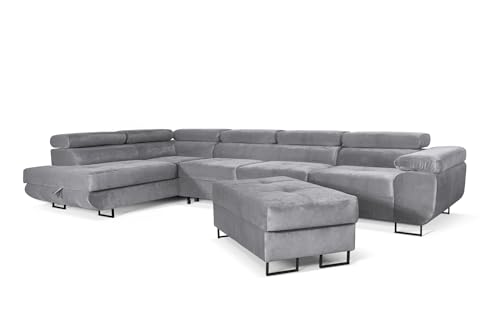 Aller Lang XL Modernes Design Ecksofa mit Schlaffunktion, Bettkasten in Ottomane, Hocker mit Stauraum – Tierfreundlicher Waterproof-Welvet, inkl. 2 runde Kissen, Ottomane Links. (Hellgrau) von SOFILAND