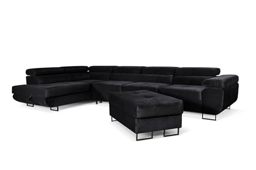 SOFILAND Aller Lang XL Modernes Design Ecksofa mit Schlaffunktion, Bettkasten in Ottomane, Hocker mit Stauraum – Tierfreundlicher Waterproof-Welvet, inkl. 2 runde Kissen, Ottomane Links. (Schwarz) von SOFILAND