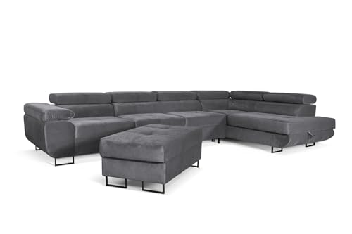 SOFILAND Aller Lang XL Modernes Design Ecksofa mit Schlaffunktion, Bettkasten in Ottomane, Hocker mit Stauraum – Tierfreundlicher Waterproof-Welvet, inkl. 2 runde Kissen, Ottomane rechts. (Grau) von SOFILAND