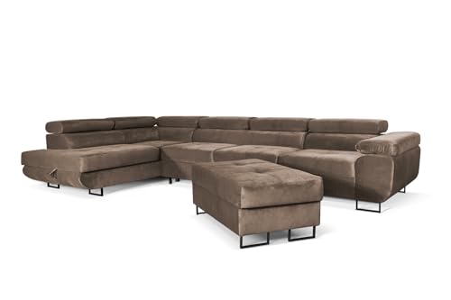 SOFILAND Aller Lang XL Modernes Design Ecksofa mit Schlaffunktion, Bettkasten in Ottomane, Hocker mit Stauraum – Tierfreundlicher Waterproof-Welvet, inkl. 2 runde Kissen, Ottomane rechts. (Hellbraun) von SOFILAND