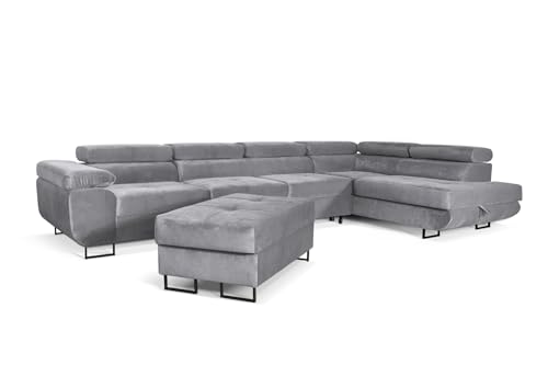 Aller Lang XL Modernes Design Ecksofa mit Schlaffunktion, Bettkasten in Ottomane, Hocker mit Stauraum – Tierfreundlicher Waterproof-Welvet, inkl. 2 runde Kissen, Ottomane rechts. (Hellgrau) von SOFILAND